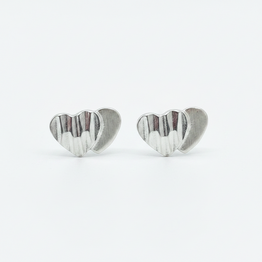 92.5 Sterling Silver Ribbed Double Heart Stud Earrings for Women pair