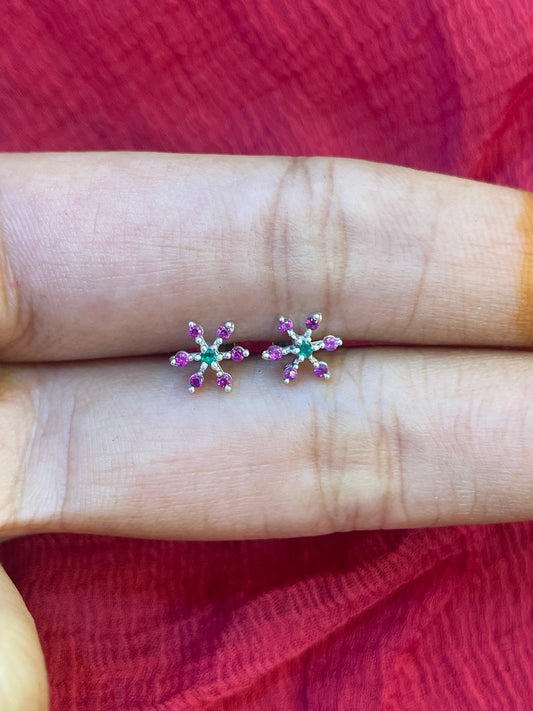 92.5 Silver Pink & Green Stone Second Studs / Nose Pin (Single Piece) | Elegant Dual Tone Design | Jewellery