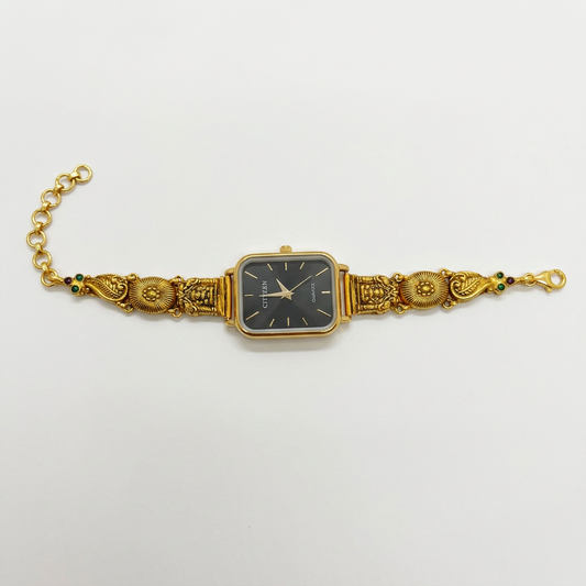 92.5 Silver Gold Plated Nakshi Black Dial Watch for Women