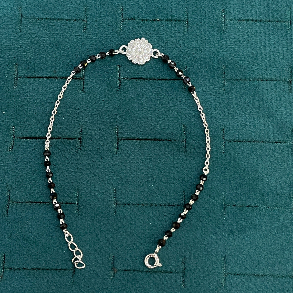 92.5 Silver Black Bead Bracelet with CZ Flower Charm for Women