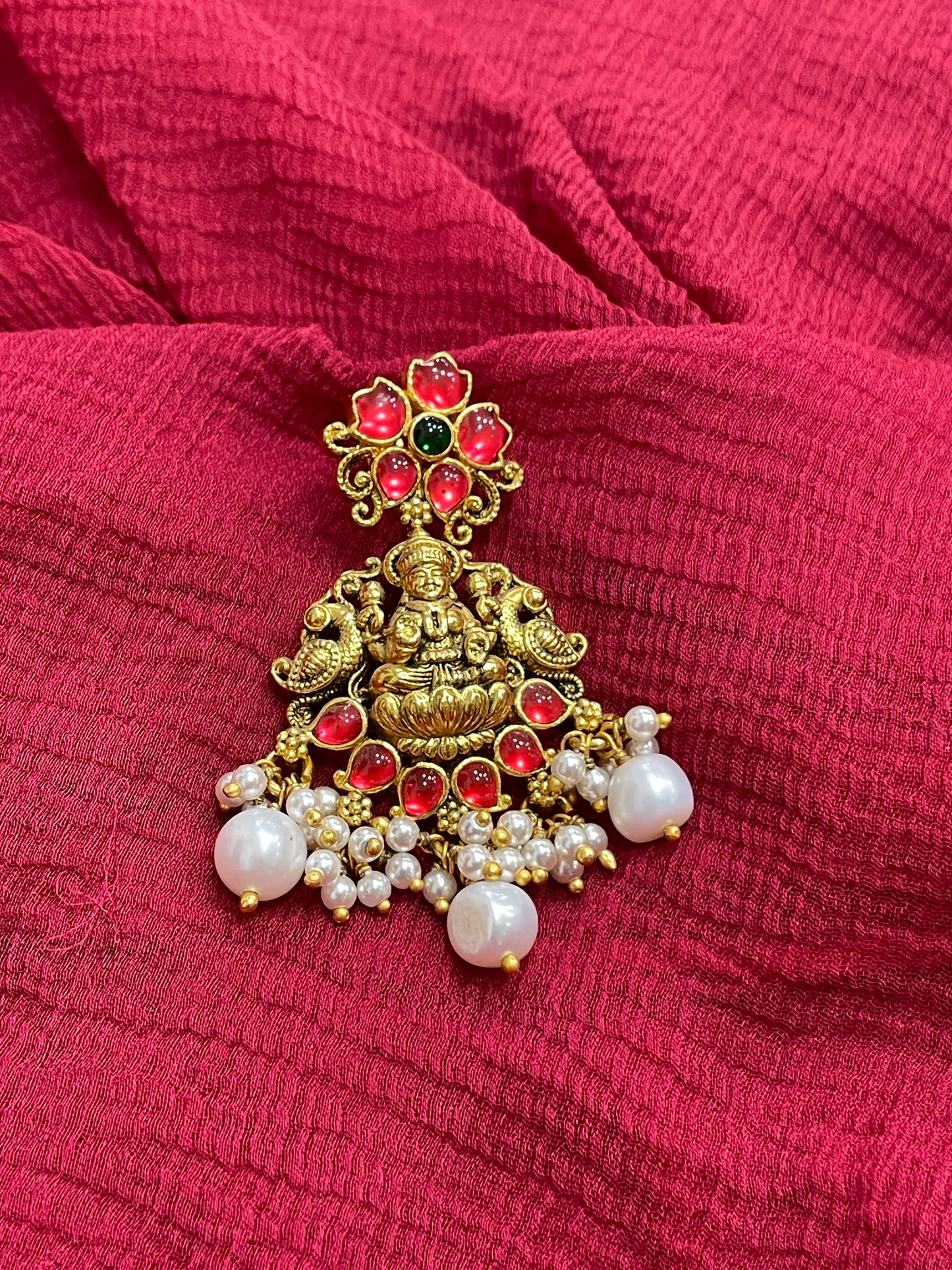 92.5 Silver Gold Plated Red Stone Lakshmi Devi Earrings for Women | Temple Design | Traditional Jewellery