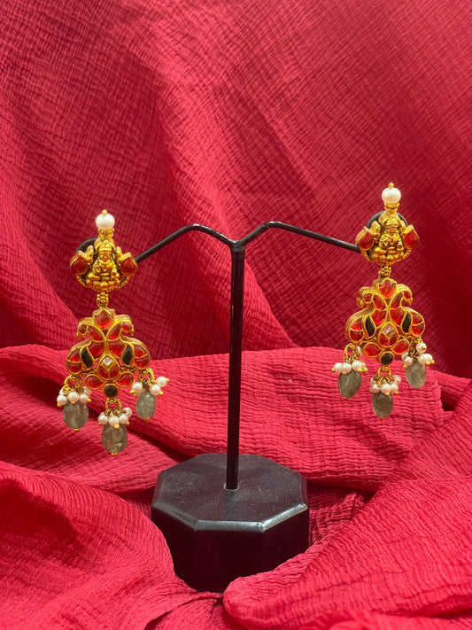 92.5 Silver Gold Plated Pink Stone Lakshmi Devi Jhumka Earrings for Women | Temple Design | Traditional Jewellery