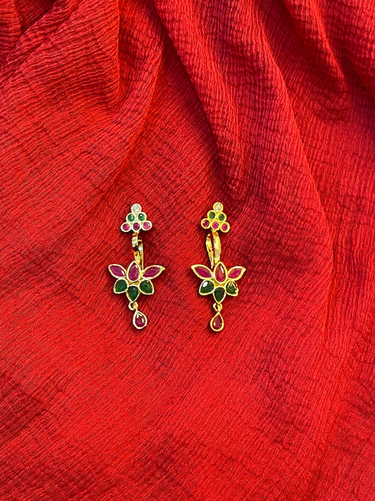92.5 Silver Ruby Emerald Lotus Press-On Bugadi for Women | Temple Style Non-Piercing Ear Cuff | Traditional Jewellery