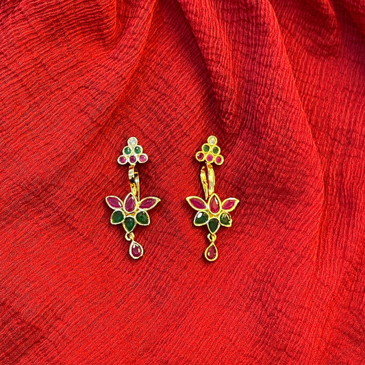 92.5 Silver Ruby Emerald Lotus Press-On Bugadi for Women | Temple Style Non-Piercing Ear Cuff | Traditional Jewellery