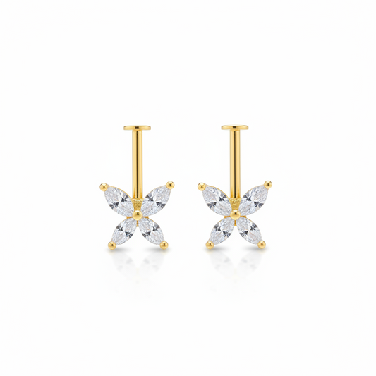 Gold butterfly-shaped bugadi earrings on a white background