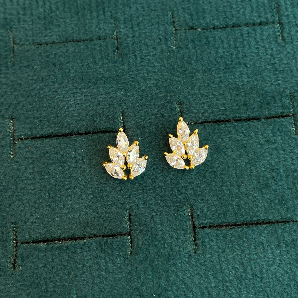 92.5 Silver Gold Plated White CZ Leaf Stud Earrings Pair