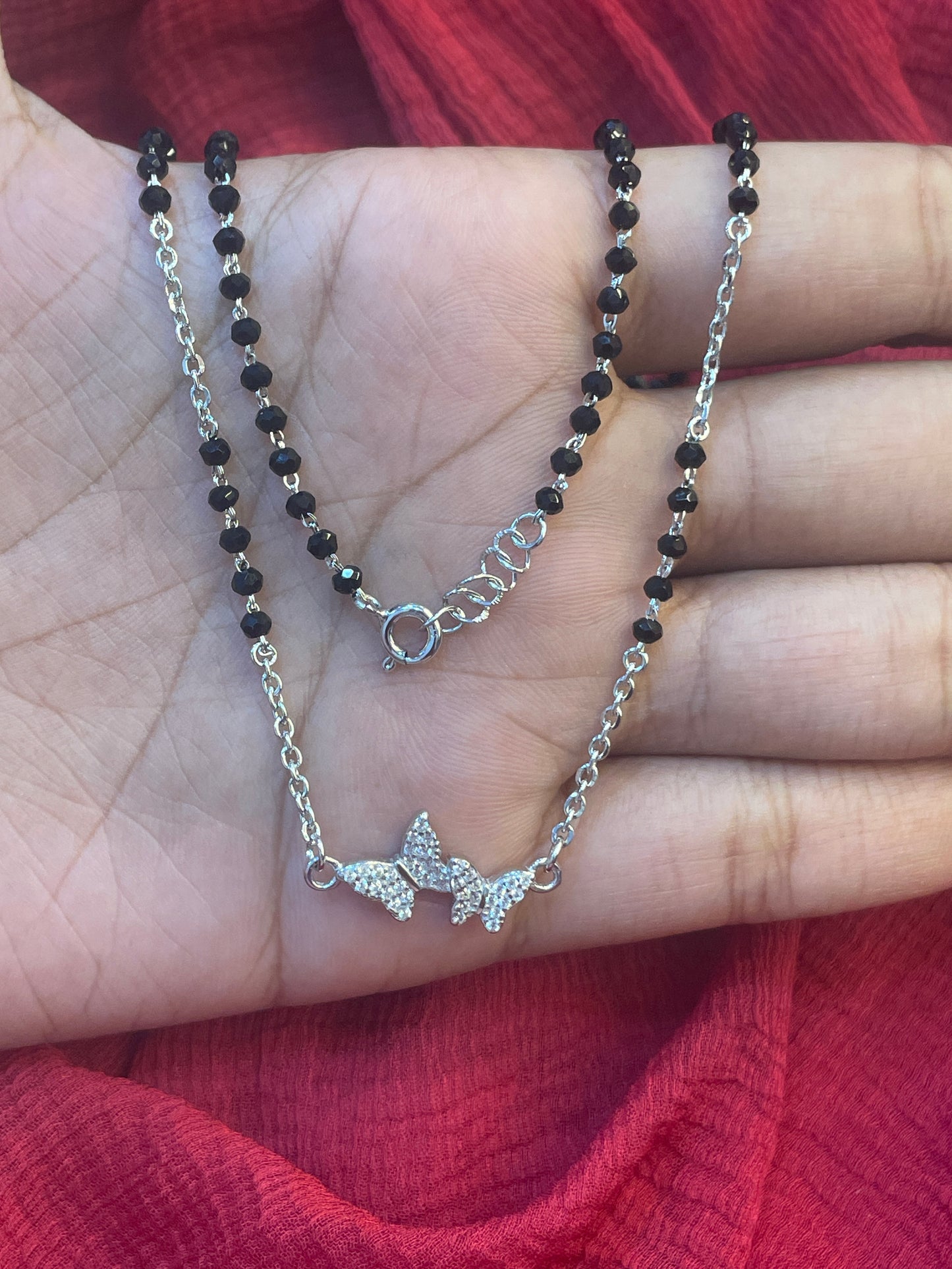 92.5 Silver Minimal Butterfly Black Bead Chain for Women 18.5 Inches | Stylish Nature-Inspired Design | Elegant Jewellery