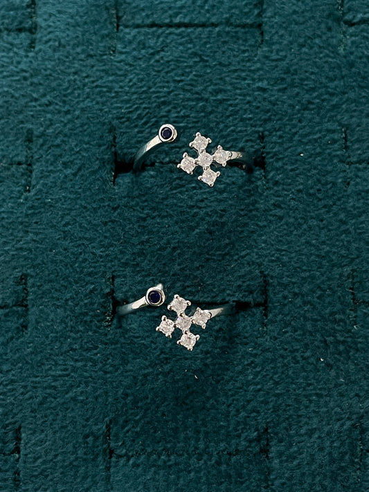92.5 Silver 5 Stone Cross Cluster Adjustable Toe Rings for Women | Blue & White Stone Design