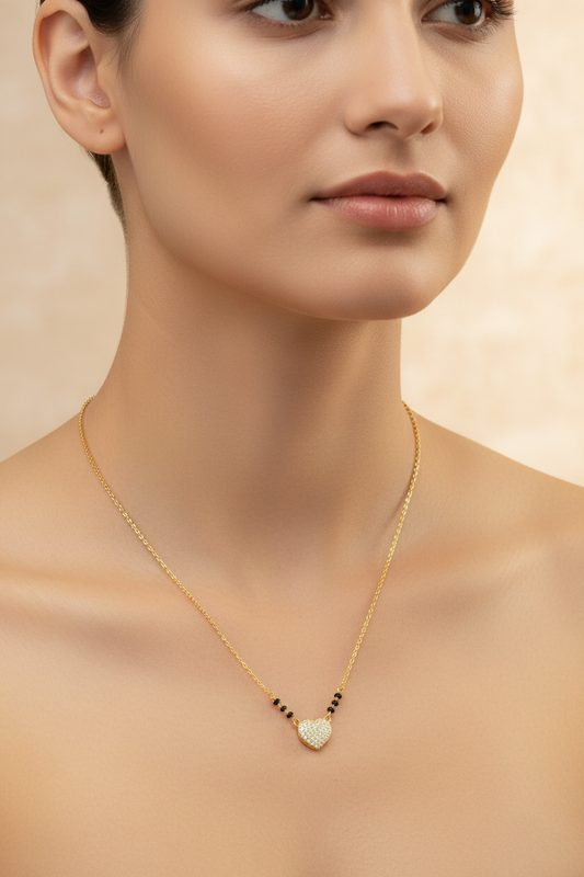 92.5 Silver Gold Plated Heart Pendant Black Bead Chain for Women 19 Inches | Stylish Love Design | Elegant Jewellery