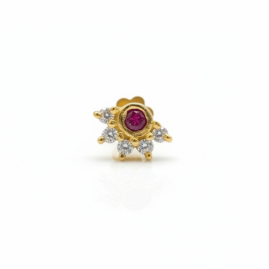 92.5 Sterling Silver Gold Plated Ruby Red CZ Crown Nose Pin for Women
