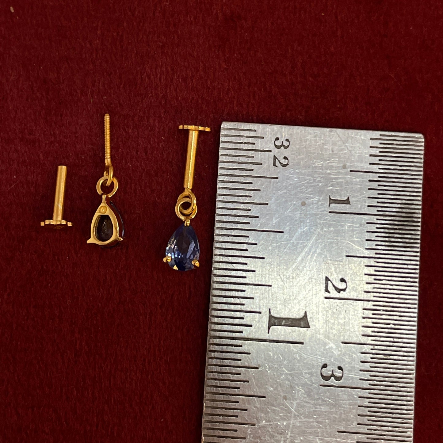 92.5 Silver Gold-Plated Bugadi for Women | Blue Teardrop CZ Dangle on Bar Stud | Helix Earring pair