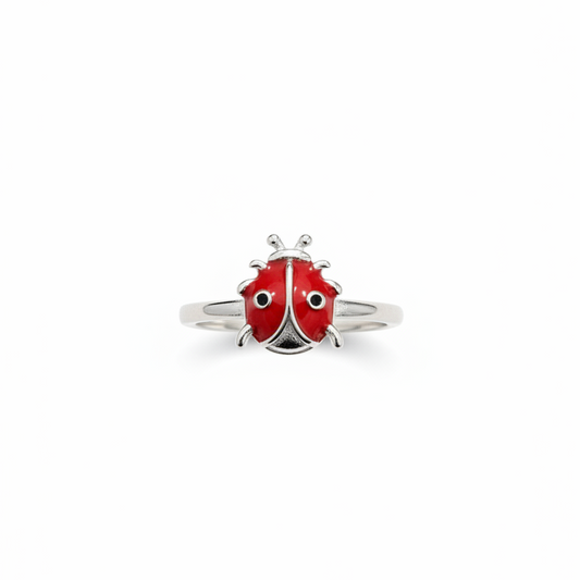 92.5 Sterling Silver Red & Black Enamel Full Ladybird Charm Kids Finger Ring — Size 7