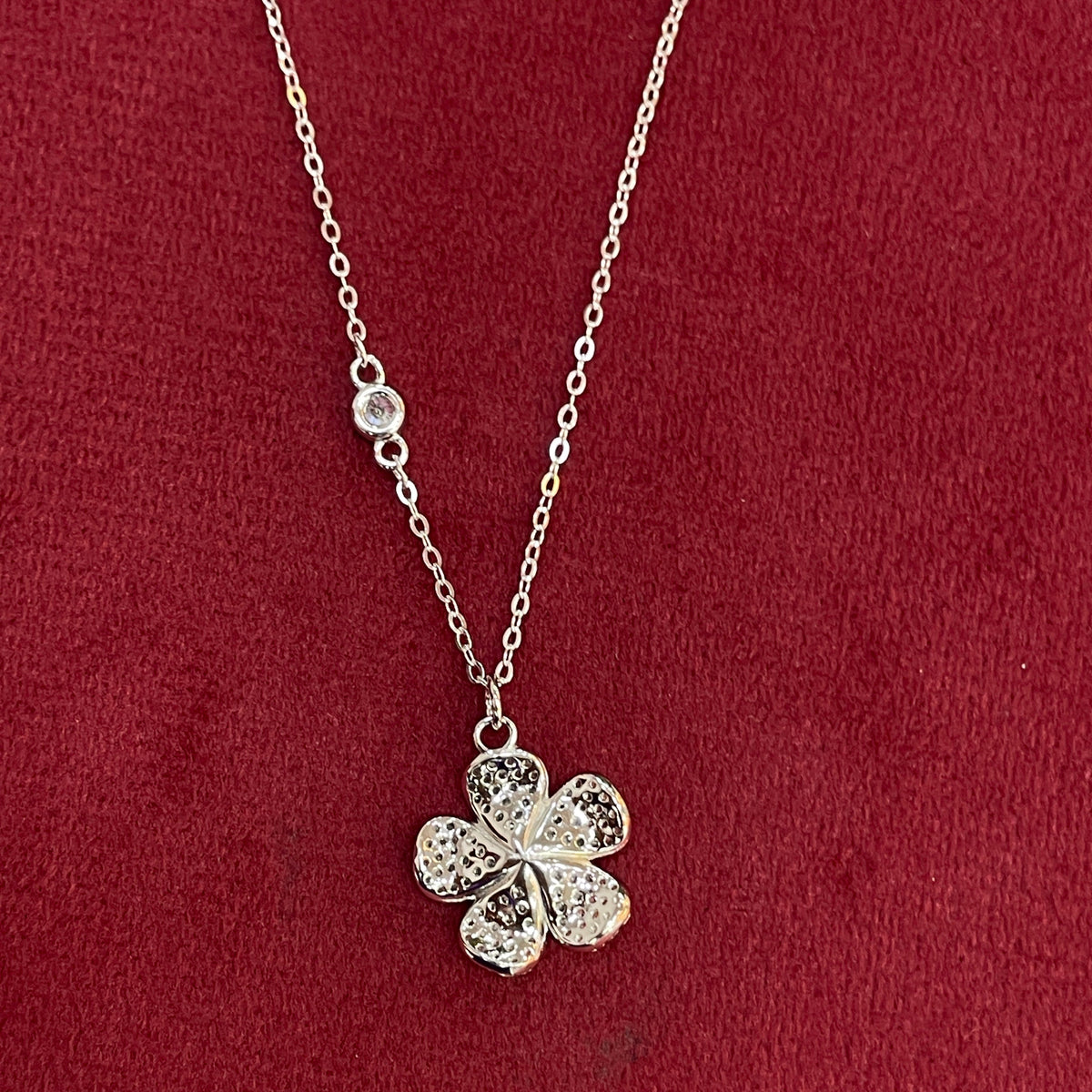 92.5 Silver Pave CZ Five-Petal Flower Pendant Necklace for Women