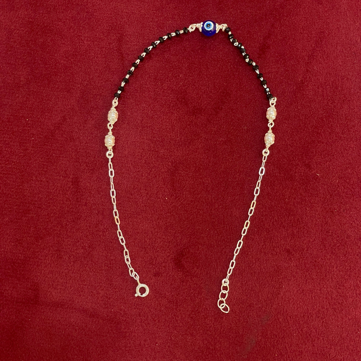 92.5 Silver Black Bead & Pearl Evil Eye Anklet for Women (Single Piece)