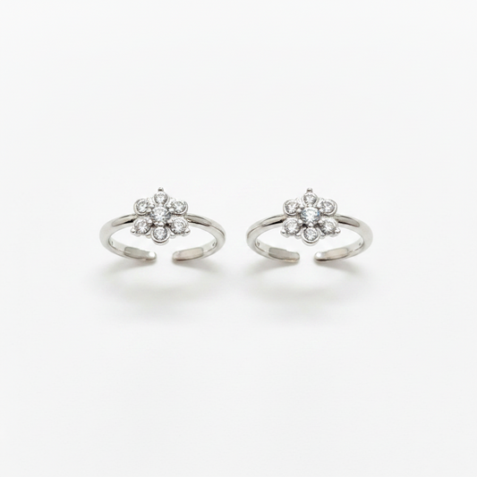 92.5 Silver Star CZ Adjustable Toe Rings for Women | Snowflake Cluster Design