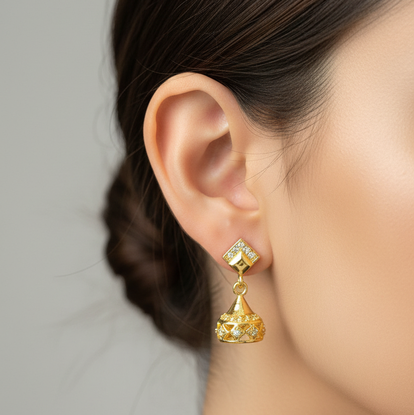 92.5 Silver Gold Plated White Stone Minimal Jhumkas for Women | Elegant Ethnic Design | Stylish Jewellery pair