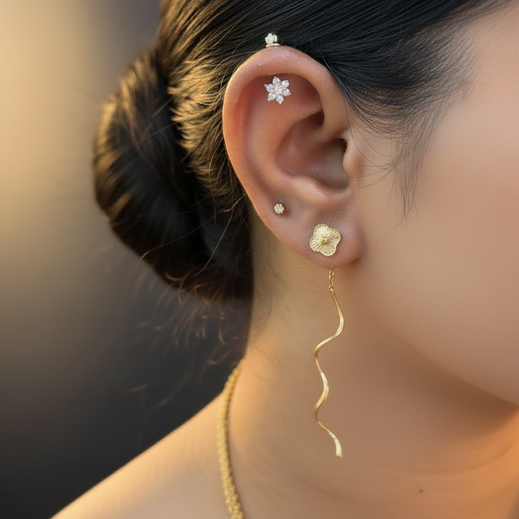 A close-up of a person's ear showcasing 925 silver gold
plated jewelry, including a long wavy dangle earring with a flower stud, a small stud earring, and a flower-shaped cartilage stud.