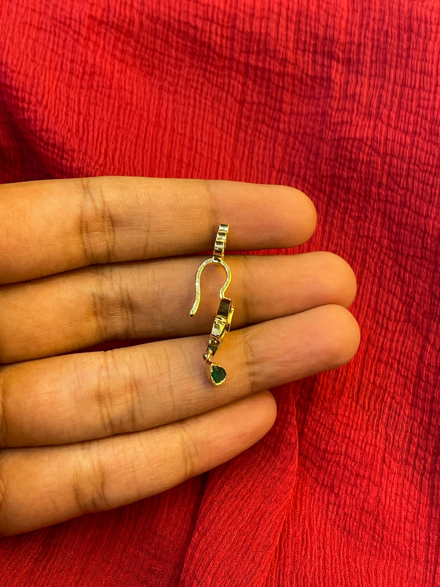 92.5 Silver Emerald Lotus Press-On Bugadi for Women | Temple Style Non-Piercing Ear Cuff | Traditional Jewellery