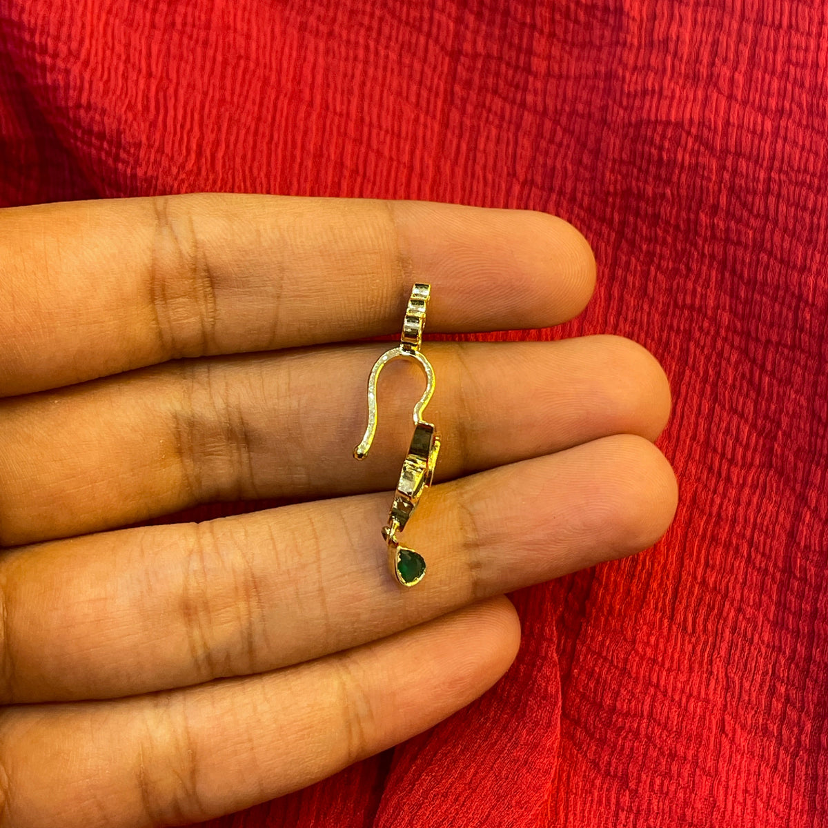 92.5 Silver Emerald Lotus Press-On Bugadi for Women | Temple Style Non-Piercing Ear Cuff | Traditional Jewellery