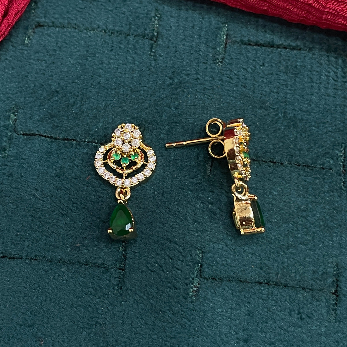 92.5 Sterling Silver Gold Plated Emerald Green CZ Teardrop & White CZ Halo Drop Earrings for Women