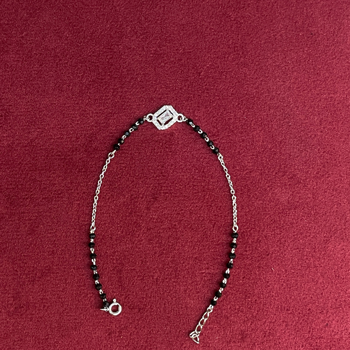 92.5 Silver Black Bead Bracelet with Emerald Cut CZ Halo Charm for Women