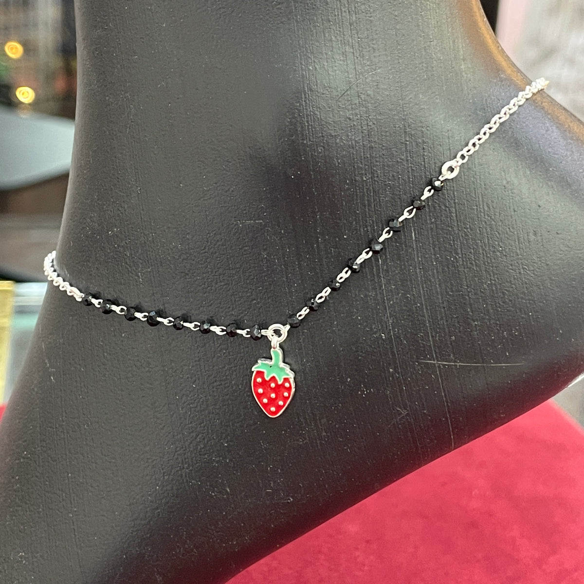 92.5 Silver Black Bead Strawberry Charm Anklet - Single Pc