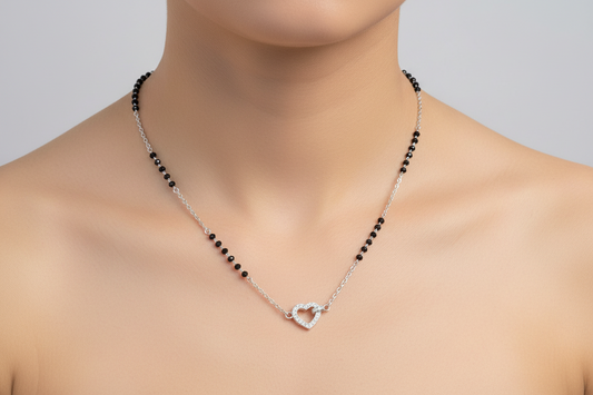 92.5 Silver Minimal Heart Black Bead Chain for Women 18.9 Inches | Stylish Symbol Design | Elegant Jewellery