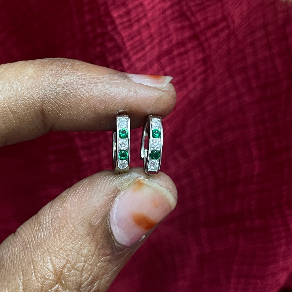 925 Silver Green Hoops pair