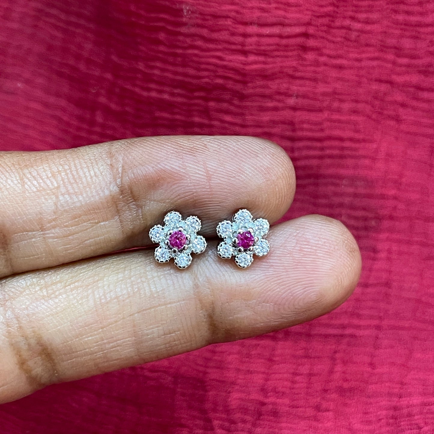 925 Silver Pink Stone Flower Studs