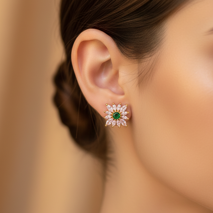 925 Silver Gold Plated Emarald Stud