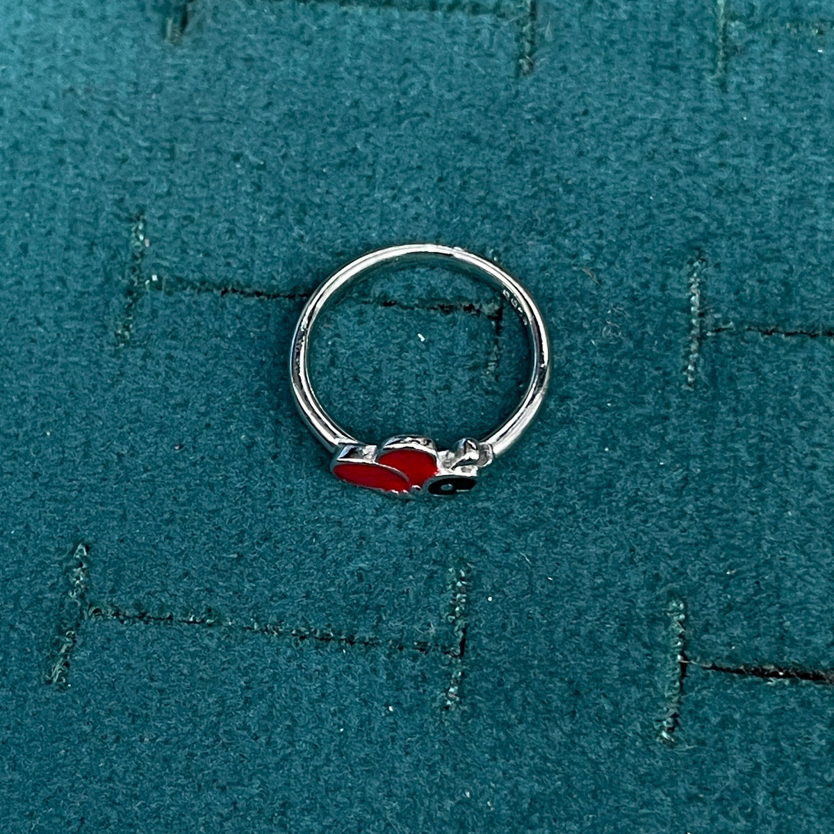 92.5 Sterling Silver Red Enamel & White CZ Ladybird Charm Kids Finger Ring — Size 4
