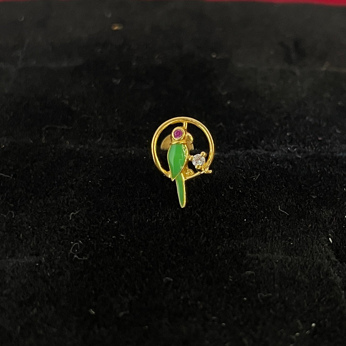 Gold Plated 92.5 Sterling Silver Green Enamel Parrot Stud Earrings for Women | CZ & Ruby Pink CZ Parrot in Circle Frame