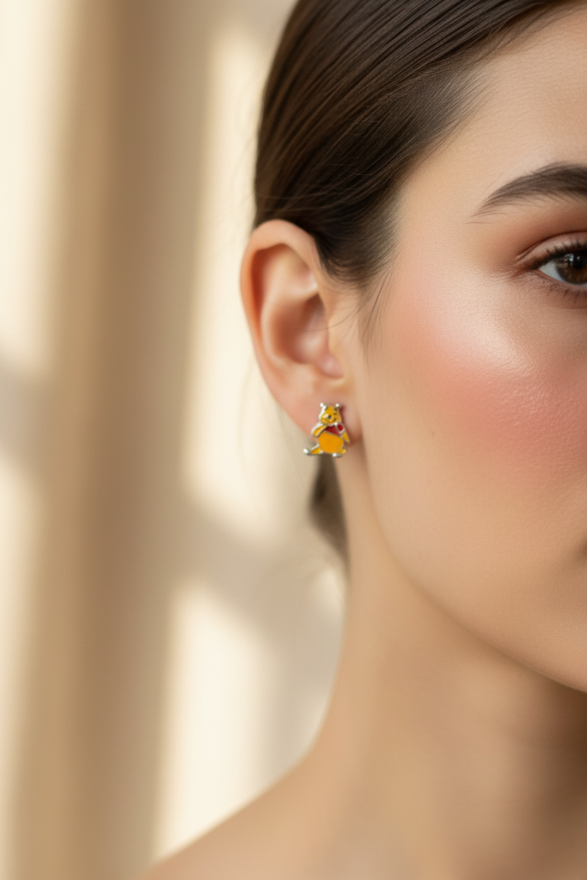 92.5 Silver Pooh Bear Inspired Earrings for Women & Kids | Cute Stylish Design | Trendy Jewellery