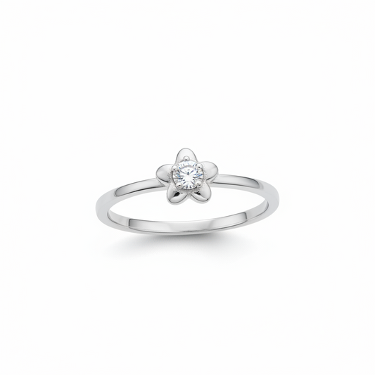 92.5 Sterling Silver Five-Petal Flower Solitaire White CZ Finger Ring
