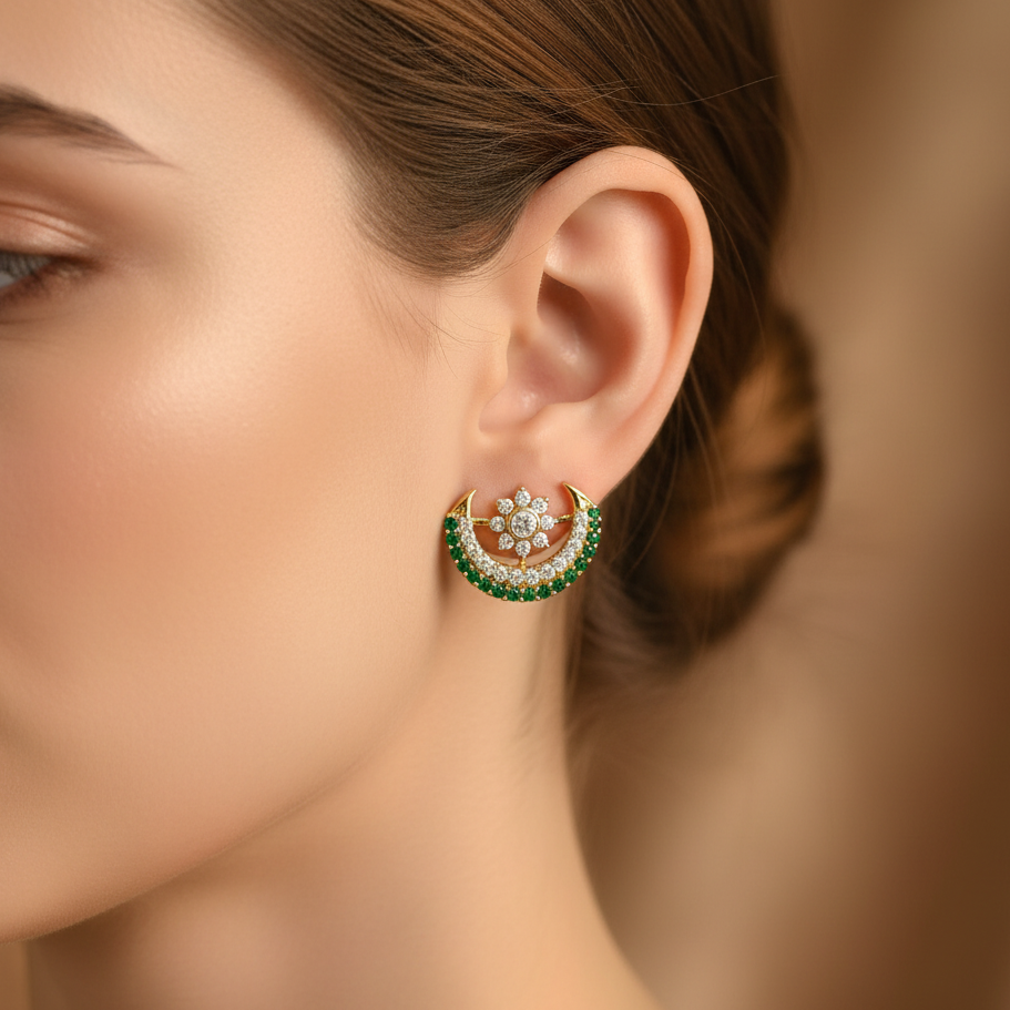 92.5 Sterling Silver Gold Plated Emerald Green & White CZ Moon Flower Stud Earrings for Women
