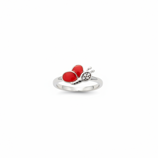 92.5 Sterling Silver Red Enamel & White CZ Ladybird Charm Kids Finger Ring — Size 4