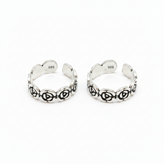 92.5 Silver Floral Adjustable Toe Rings for Women | Rose Pattern Design