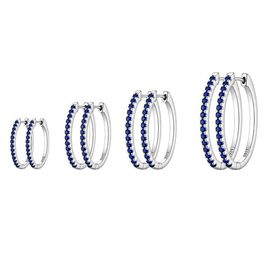 925 Silver Hoops with Navy Blue Stones - Pair