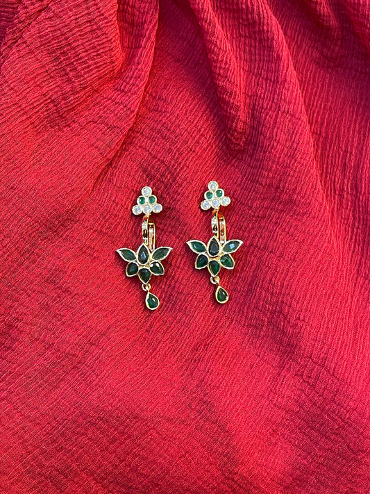 92.5 Silver Emerald Lotus Press-On Bugadi for Women | Temple Style Non-Piercing Ear Cuff | Traditional Jewellery