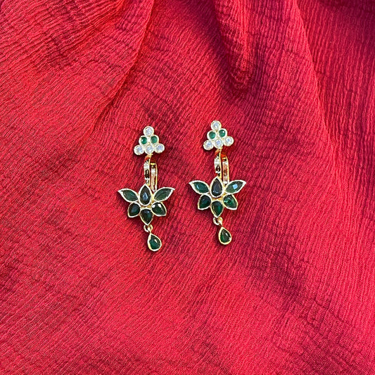 92.5 Silver Emerald Lotus Press-On Bugadi for Women | Temple Style Non-Piercing Ear Cuff | Traditional Jewellery