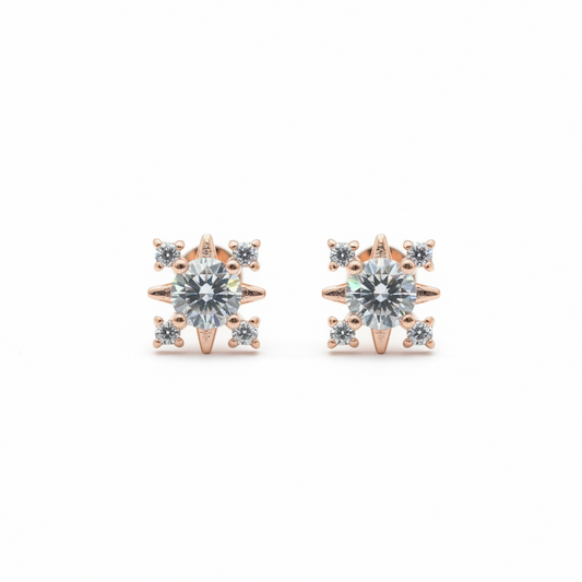 Rose Gold Plated 92.5 Sterling Silver Eight-Point CZ Snowflake Stud Earrings for Women | Starburst CZ Second Studs | Second Piercing Earring Pair