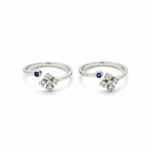 92.5 Silver 5 Stone Cross Cluster Adjustable Toe Rings for Women | Blue & White Stone Design