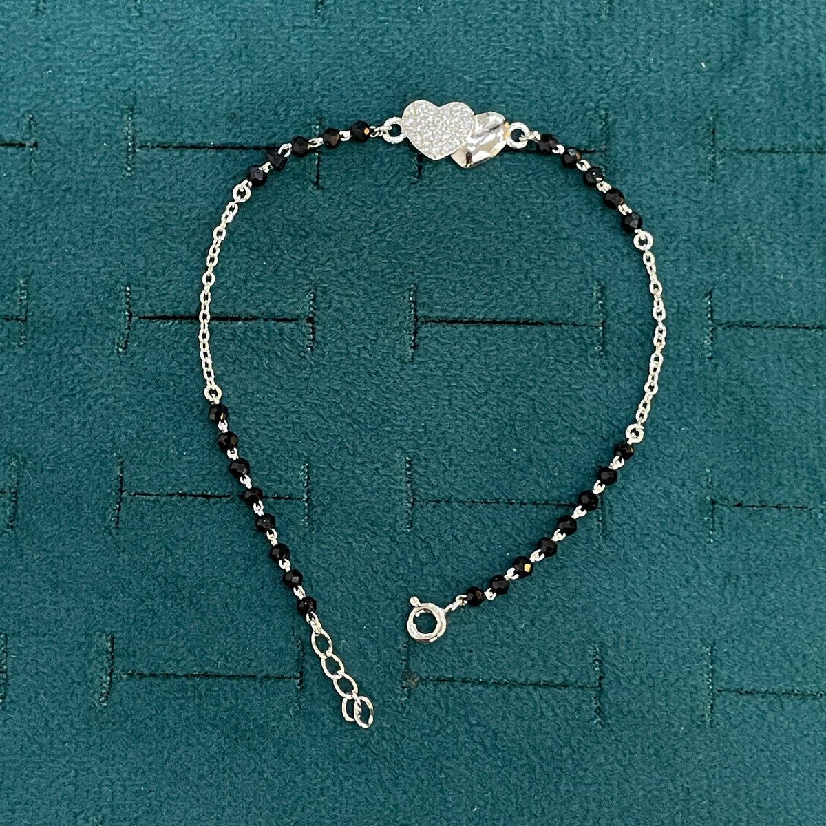 92.5 Silver Black Bead Bracelet with CZ Double Heart Charm for Women