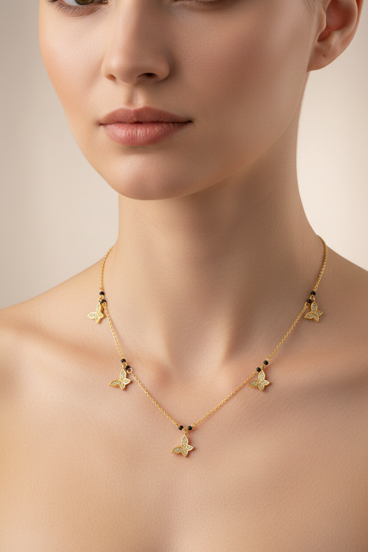 92.5 Silver Gold Plated Butterfly Charm Black Bead Chain for Women 19.5 Inches | Stylish Elegant Design | Traditional Jewellery