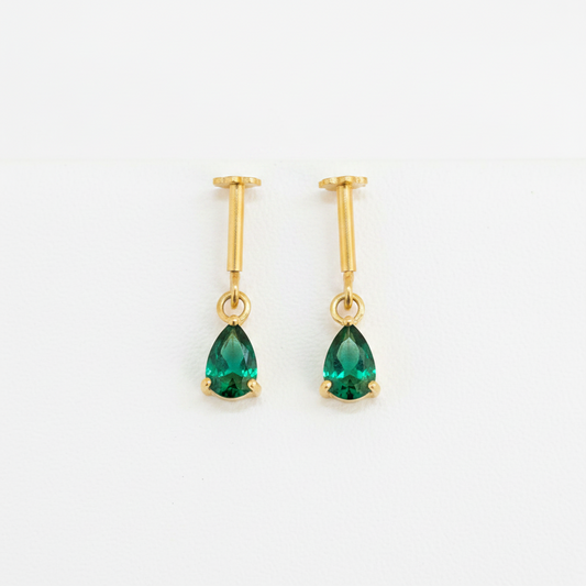 92.5 Silver Gold-Plated Bugadi for Women | Emerald Green Teardrop CZ Dangle on Bar Stud | Helix Earring pair