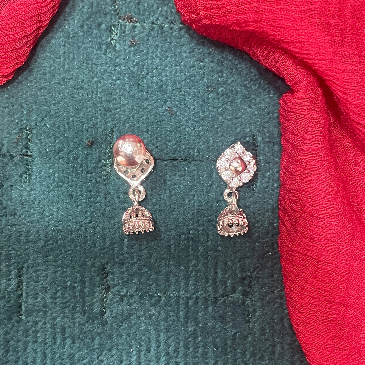 92.5 Sterling Silver Jhumka Earrings for Women | Diamond-Shape White Stone Top with Filigree Bell Drop pair