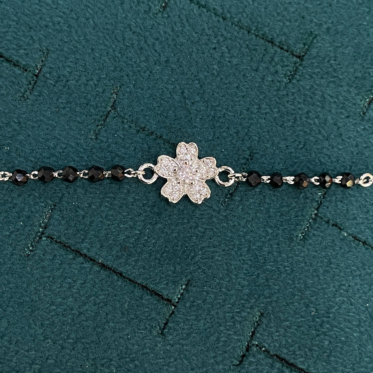 92.5 Silver Black Bead Bracelet with CZ Flower Charm for Women