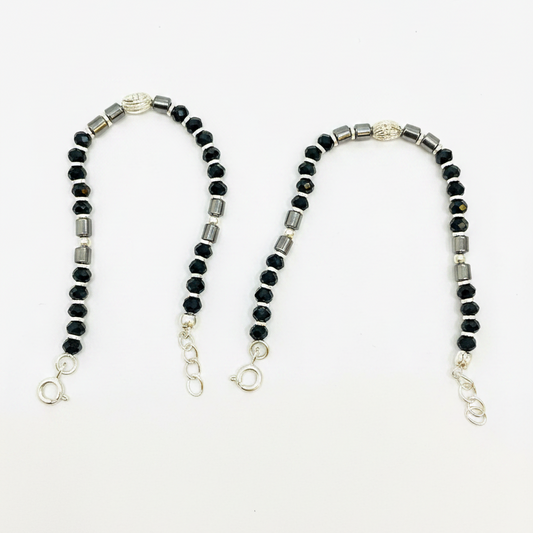 Silver Nazariya Black Bead Anklet for Kids | Set of 2 with Om Charm