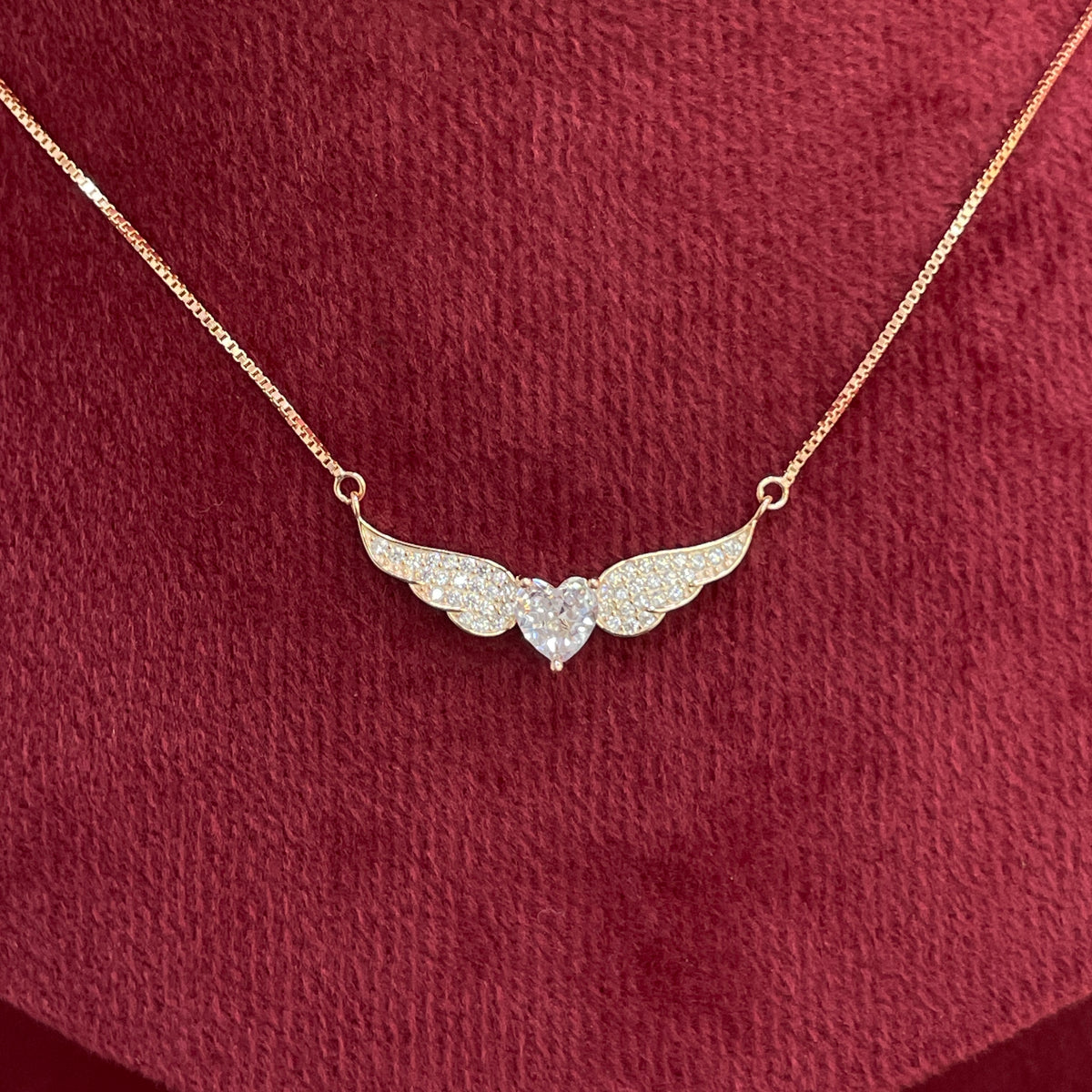 92.5 Silver Rose Gold Plated Pave CZ Angel Wings & Heart Pendant Necklace for Women