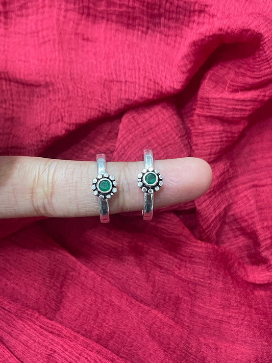 92.5 Silver Green Stone Toe Rings for Women | Adjustable Traditional Daily Wear Jewellery